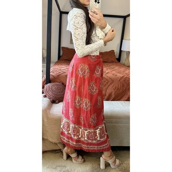 Vintage 90’s Liz Claiborne Size 12 100% Cotton Red Paisley Beaded Wrap Maxi - Picture 3 of 10